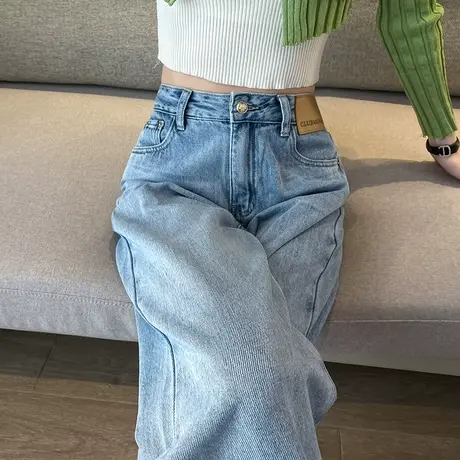 浅色阔腿牛仔裤女2023秋冬新款高腰直筒宽松显瘦小个子开叉拖地裤商品大图