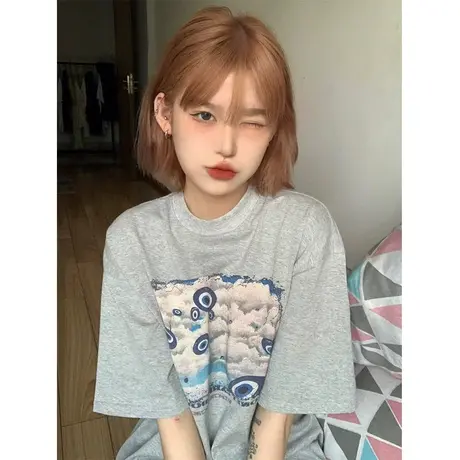 港风ins纯棉灰色短袖t恤女夏2023年新款宽松日系设计感小众上衣潮图片