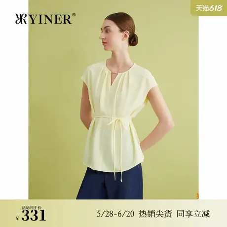YINER音儿专选2024夏季新款法式优雅系带收腰半开领衬衫上衣图片