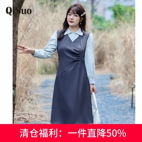 大码女装秋季冬新款显瘦胖MM连衣裙假两件套polp领遮肚子收腰长裙商品大图