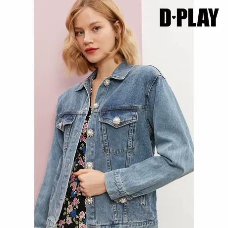 DPLAY【黑标】春新款ins风少女感珍珠钻扣休闲牛仔蓝外套图片