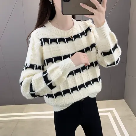 圆领女毛衣套头针织衫女内搭2023年新款秋冬条纹打底衫宽松女上衣商品大图