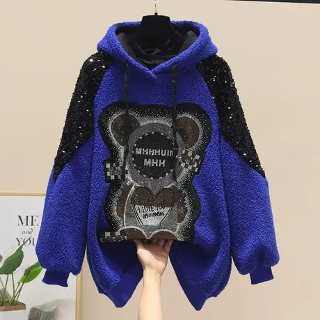 2023秋冬新款加绒加厚重工亮片烫钻小熊连帽女颗粒绒时尚卫衣外套商品大图