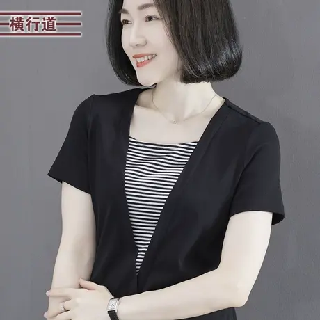 2023夏季新款简约休闲拼接假两件条纹短袖T恤妈妈上衣外穿大码女图片