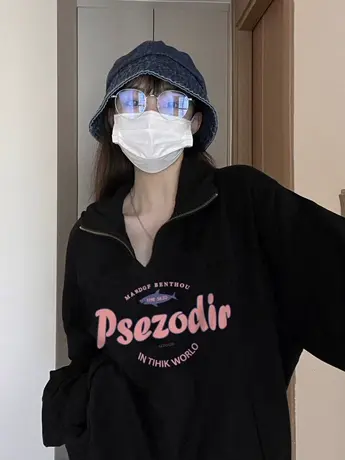 vintage大领口卫衣女Polo领大码宽松秋季薄款上衣ins潮设计感外套图片