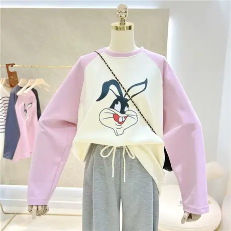 2023春秋百搭卡通兔子印花宽松显瘦中长款插肩套头卫衣女T恤内搭商品大图