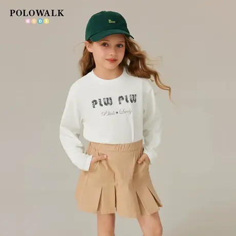 POLOWALK童装女童长袖T恤2025秋季新品简系印花中大童百搭上衣图片