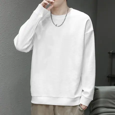 美式重磅华夫格卫衣男秋冬保暖加绒加厚纯色白色圆领无帽长袖t恤商品大图