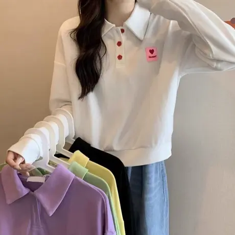 小个子短款POLO领卫衣女2023秋季新款宽松显瘦薄款套头上衣长袖商品大图