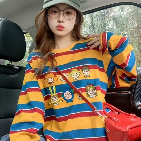 美式复古条纹长袖t恤女2025新款秋季潮牌字母慵懒风宽松撞色上衣商品大图
