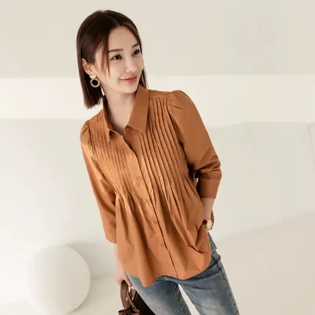 桔熊秋季通勤气质翻领设计感风琴褶衬衫上衣女胖妹妹大码AB18849商品大图