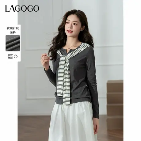LAGOGO灰色亨利领气质上衣女拉谷谷2025年秋季新款假两件披肩T恤图片
