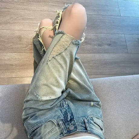 破洞阔腿牛仔裤女2023年春秋新款高腰窄版直筒做旧显瘦ins乞丐裤商品大图