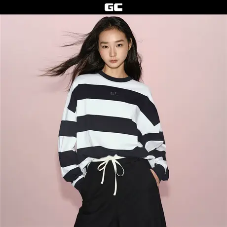 GC2025新款男女同款纯棉t恤衫刺绣宽松圆领条纹长袖T恤男12025008商品大图