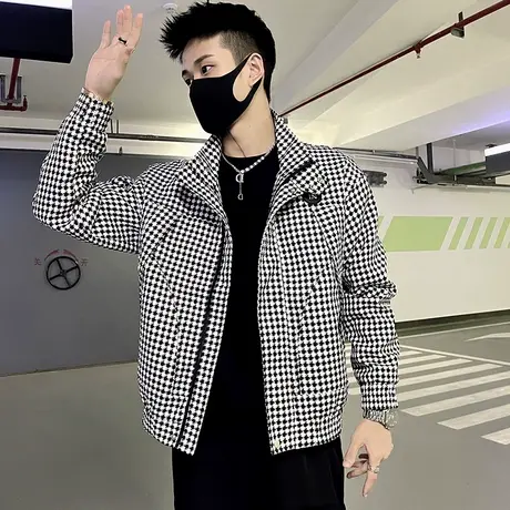 春秋季潮流新款千鸟格工装外套男ins小众高级感格子 青年立领夹克图片