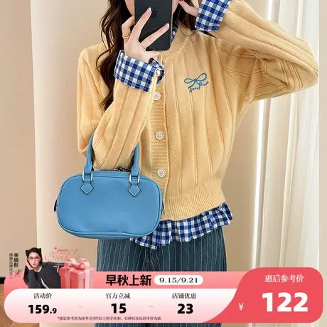 唐狮2025秋冬毛衣女外套假两件蝴蝶结甜美风圆领针织开衫高级慵懒商品大图