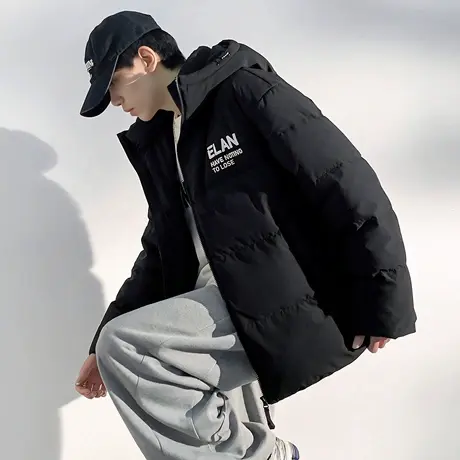 唐狮冬季新款情侣羽绒服女印花连帽短款百搭防水外套黑白色TD商品大图