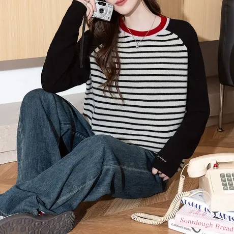 唐狮秋冬毛衣女条纹上衣设计感插肩袖撞色领套头外穿针织衫女tuTA图片