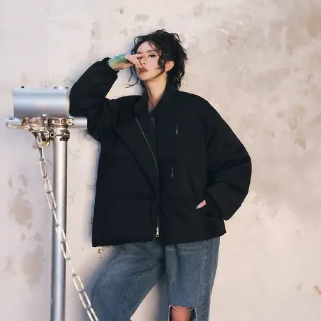 国潮黑色棉服女加厚冬季外套2023新款复古宽松oversize小个子棉衣图片