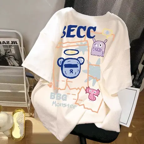纯棉白色宽松短袖T恤女慵懒风小熊半袖2023夏季新款oversize上衣商品大图