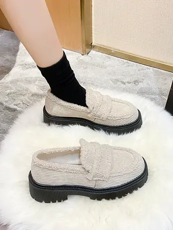 毛毛鞋女外穿2023冬季新款厚底粗跟懒人棉瓢鞋一脚蹬毛毛乐福女鞋商品大图