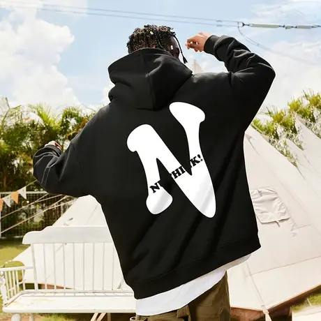 Nuthink美式潮牌字母带帽卫衣男2023新款国潮宽松潮流冬季季外套商品大图
