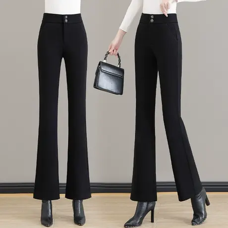 毛呢微喇裤女秋冬季高腰显瘦英伦风气质鱼尾裤双排扣修身加厚长裤图片