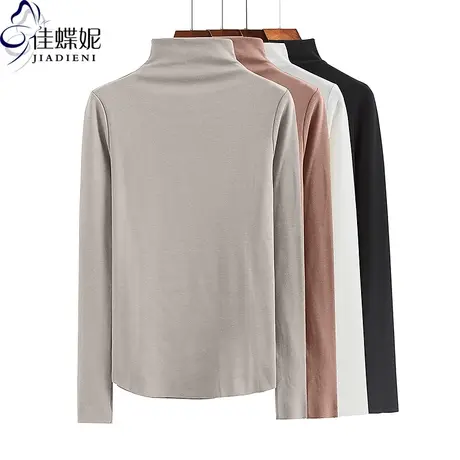 秋冬新款半高领保暖修身显瘦纯色简约纯棉长袖体恤上衣女打底衫商品大图