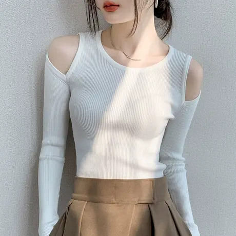 欧货圆领露肩长袖针织打底衫女2023秋冬新品修身减龄羊毛内搭上衣商品大图