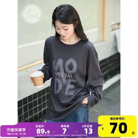 yoe体恤女装显瘦oversize潮牌黑色美式复古纯棉长袖t恤女上衣内搭商品大图