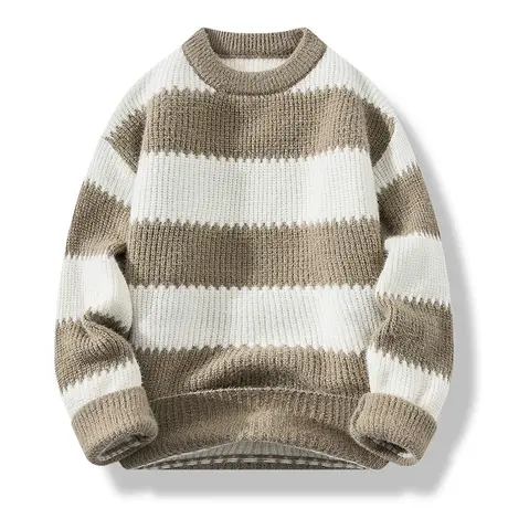 撞色条纹毛衣男秋冬款圆领针织衫男打底衫高级感黄金貂保暖毛线衣商品大图