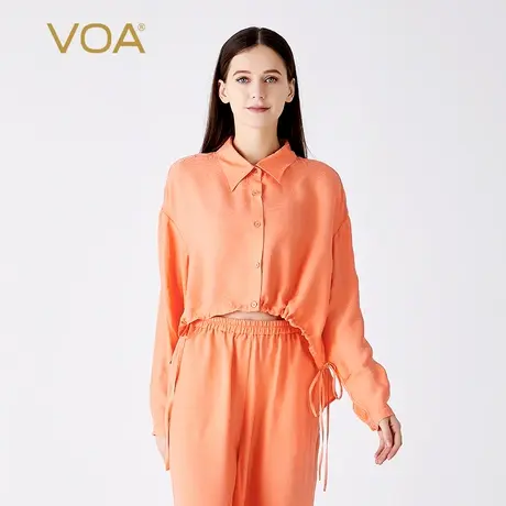 VOA桑蚕丝暗纹提花柚橙色POLO领长袖单排扣弧形下摆抽绳真丝衬衫图片