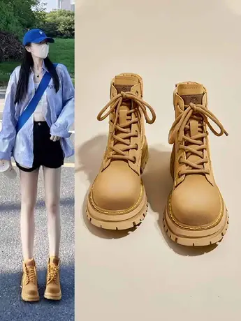 内增高港风马丁靴女2023秋冬新款冬季加绒大黄靴厚底小个子短靴子商品大图