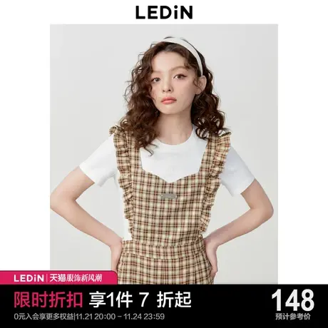 乐町甜美木耳边背带裤女2023年春夏新款休闲裤女宽松设计感格纹裤商品大图