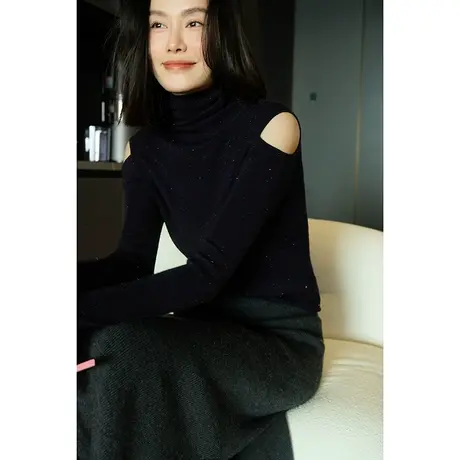 23秋冬新款女装法式优雅露肩堆堆领修身亮丝绵羊毛女士打底针织衫商品大图