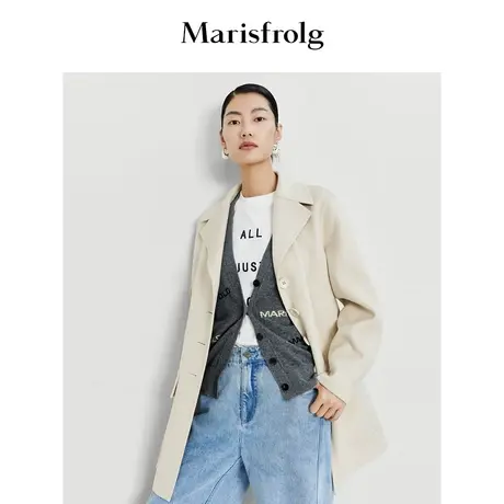 【艺术时装大衣】玛丝菲尔春季米白色丝光羊毛双面呢大衣女图片