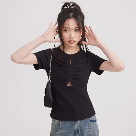 尔给修身chic甜辣上衣设计感小众不撞款短袖t恤女夏2023年新款图片