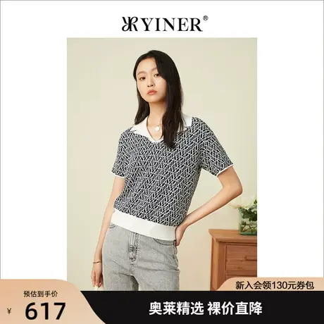 YINER音儿专柜女装2022夏季新款撞色字母印花针织衫套头商品大图