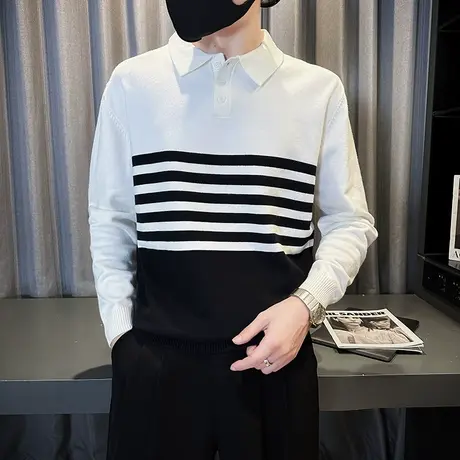 高级感撞色条纹针织衫男秋冬新款小众设计感青年POLO衫线衣体恤商品大图