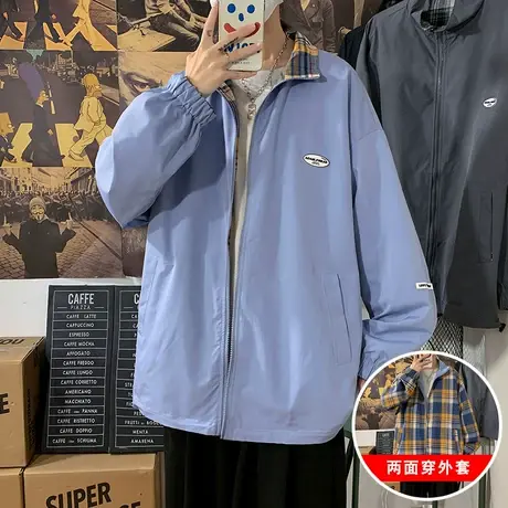 两面穿外套男春秋潮牌ins港风宽松潮流春季百搭格子撞色休闲夹克商品大图