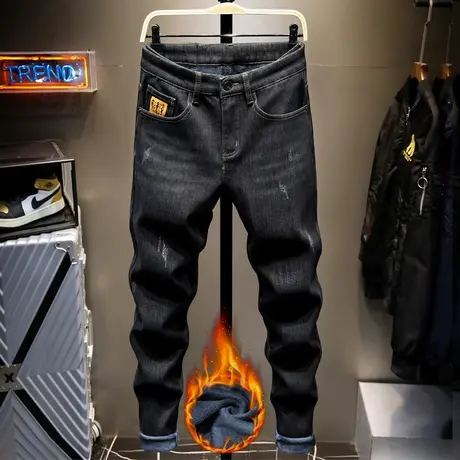 2021新款牛仔裤男士修身小脚潮牌夏季拉毛弹力韩版潮流百搭长裤子商品大图
