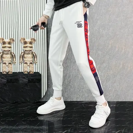 高端松紧休闲裤子秋装男款帅气长裤拼接流行字母束脚百搭卫裤图片