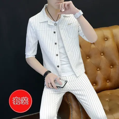 春秋男士韩版翻领七分袖西装外套帅气夹克发型师潮流夏天两件套装图片