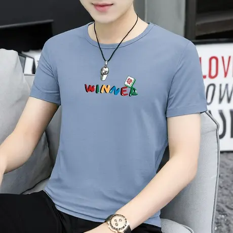 莫代尔冰丝t恤男士短袖圆领夏装上衣服速干凉感半袖字母印花体恤商品大图