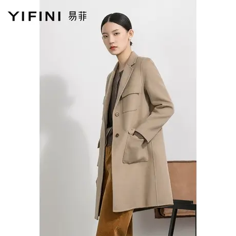 Yifini/易菲宽松中长款毛呢大衣女秋冬新款西装领妮子外套商品大图