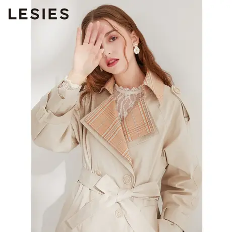 蓝色倾情2022冬季女装 双层格子翻领棉质双排扣长袖风衣女中长款商品大图