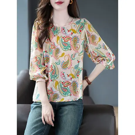 宝诗黎圆领复古印花长袖宽松雪纺衫套头休闲上衣2024新款春季衬衣图片