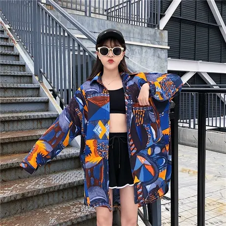 复古油画水墨几何印花雪纺中长款衬衫女长袖宽松薄款防晒衬衣上衣图片