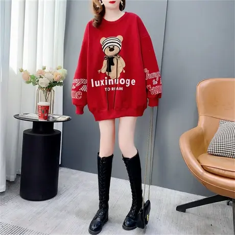 设计感卡通小熊圆领卫衣女加绒加厚2022新款秋冬宽松时尚洋气上衣商品大图