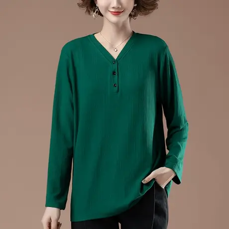 长袖t恤女春秋加肥加大码女装宽松中年妈妈百搭纯色显瘦V领打底衫商品大图
